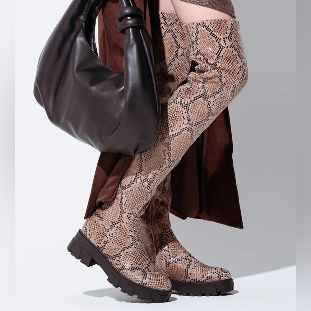 AZALEA WANG Brown Snake Print Thigh High Boots